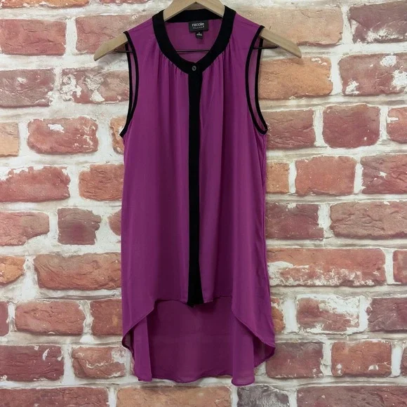Nicole Miller Top Womens Small Purple Pink Black High Low Sleeveless Sheer Shirt - Picture 1 of 8